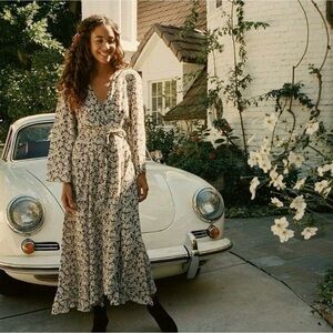 DÔEN Augusta Dress Deep Ink Faded Queen Anne’s Floral Robe Wrap Long Bell Sleeve